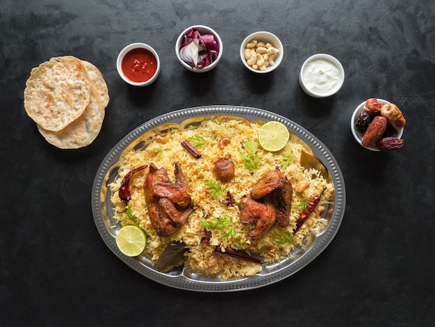 Arabische traditionele voedselschalen Kabsa met vlees