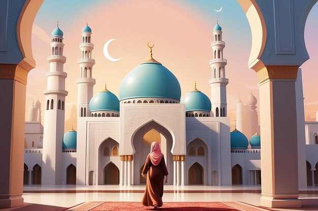 Arabische vrouw komt naar moskee Muslimse religie Ramadan Kareem Heilige maand Vector illustratie