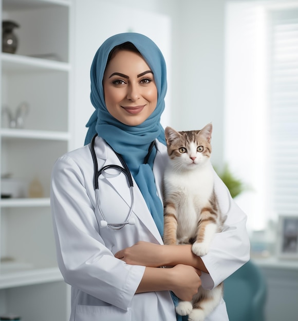 Arabische vrouwelijke dierenarts met een kitten in een dierenkliniek