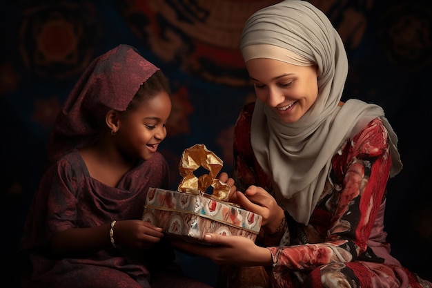 Arabische vrouwen die vrolijk geschenken voor de Ramadan uitpakken