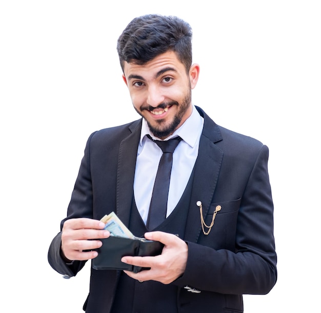 Arabische zakenman geniet van het tellen van zijn geld terwijl hij vasthoudt