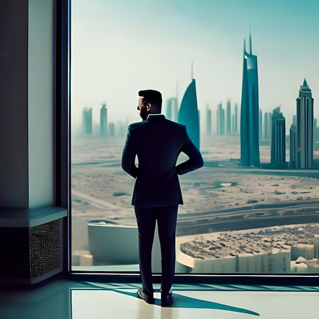Arabische zakenman kijkt uit door het balkon van het kantoor, gezien door een glazen raam Arabische jonge man