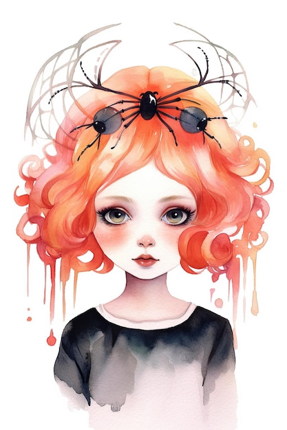 Arachne girl spider watercolor clipart cute isolated on white background with Generative AI