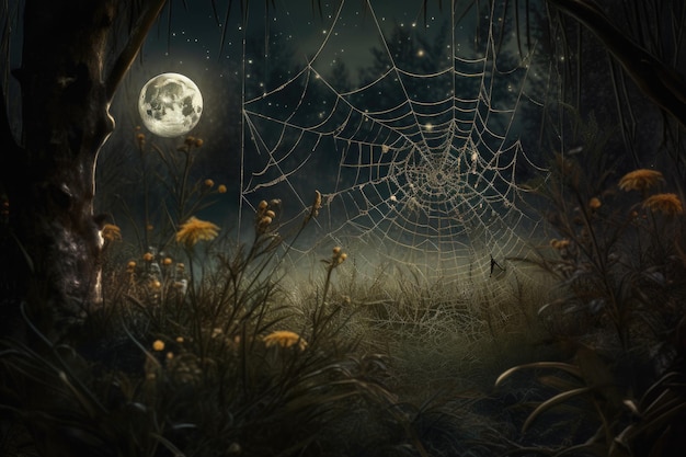 Arachnidenweb gloeit onder de maan in het mysterieuze bos generatieve IA