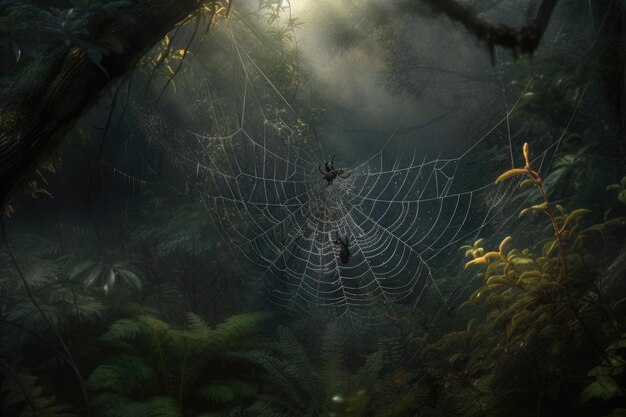 Arachnidenweb gloeit onder de maan in het mysterieuze bos generatieve IA