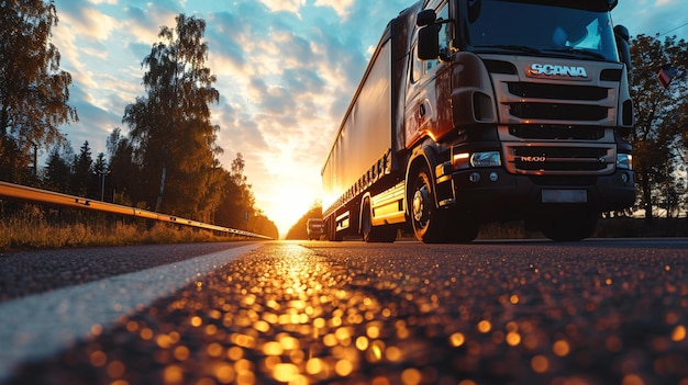 Foto camion araf che guida lungo una strada al tramonto con uno sfondo del cielo ai generativo