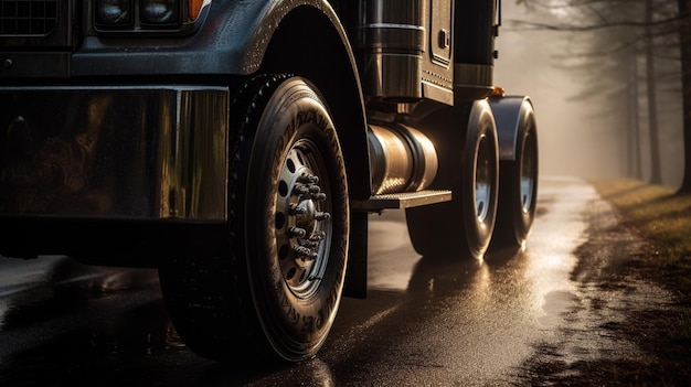 Photo araf truck driving down a wet road in the rain generative ai