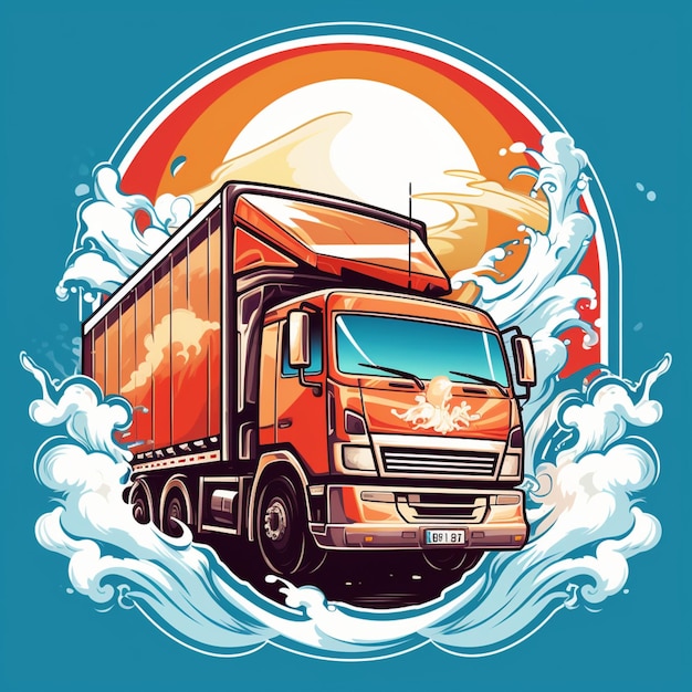 Foto camion araf con una tavola da surf sul retro che guida tra le onde ai generative