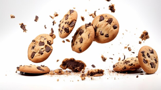 Arafected chocolate chip cookies are falling into the air generative ai