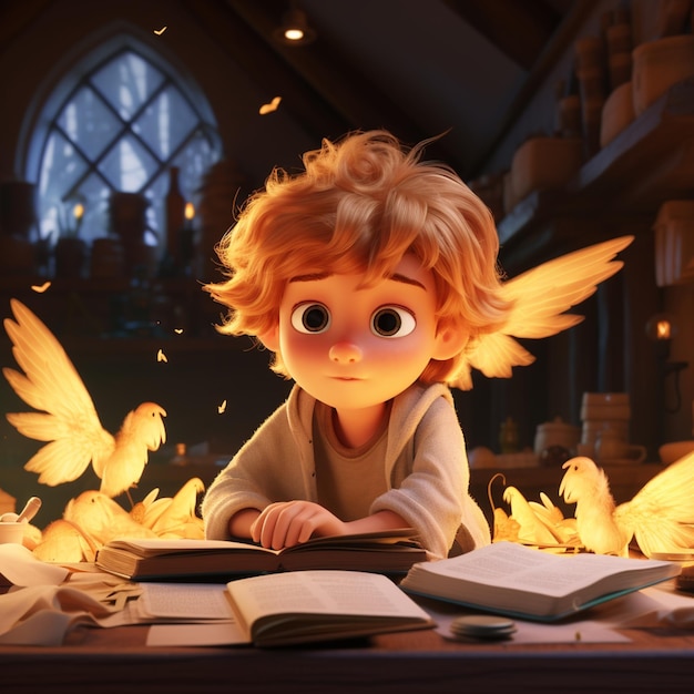 arafed afbeelding van een klein meisje dat een boek leest in een kamer met vogels die rondvliegen generatieve ai