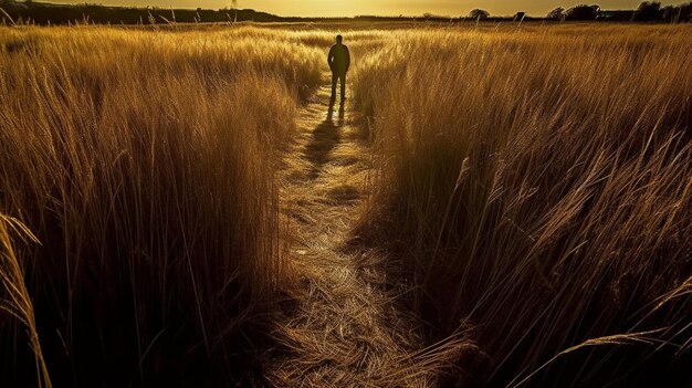 Foto arafed afbeelding van een persoon die door een generatief ai veld met hoog gras loopt