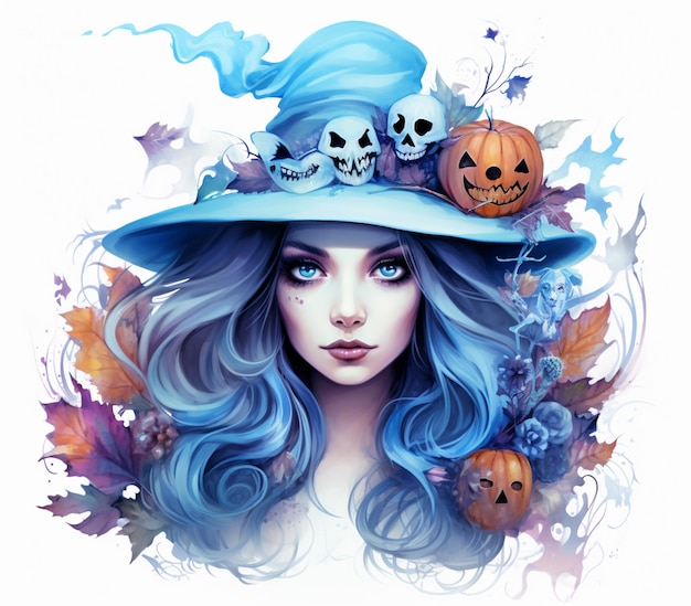 arafed afbeelding van een vrouw met blauw haar, gekleed in een blauwe heksenhoed generatieve ai