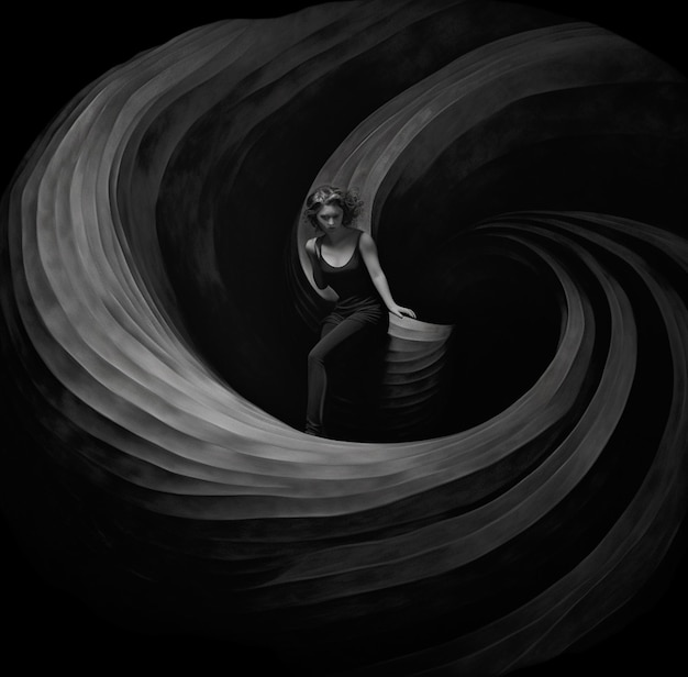 Foto arafed afbeelding van een vrouw zittend op een surfplank in een zwart-wit foto generatieve ai
