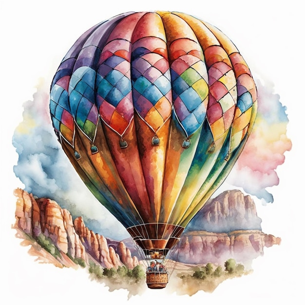 Arafed air balloon with colorful colors flying over a mountain generative ai