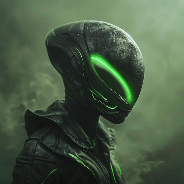Arafed alien in een zwart leren jasje met groene gloeiende ogen generatieve ai