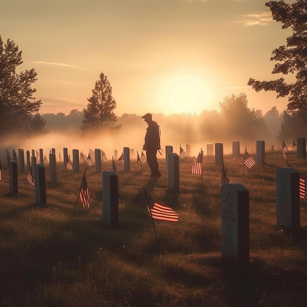 Arafed american flags are placed in a field of graves generative ai