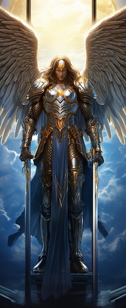 剣と装甲を身に着けた天使が窓の前で立っている