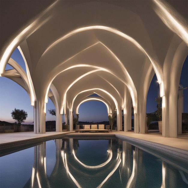 Foto edificio a forma di arco arafed con una piscina e luci sullo sfondo