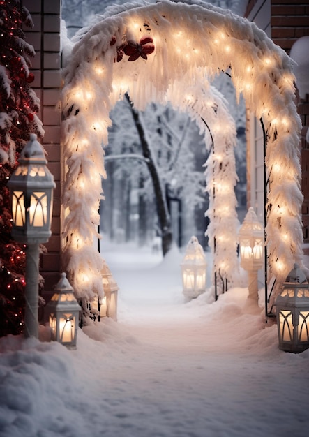 Arafed archway with christmas lights and a christmas tree in the background generative ai