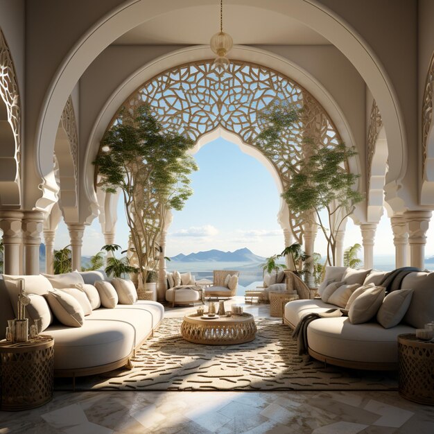 arafed archway with a view of the ocean and a palm tree generative ai