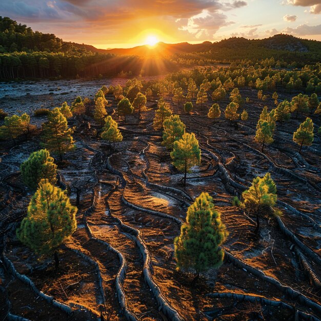 arafed area with trees and dirt with sun setting in the background generative ai