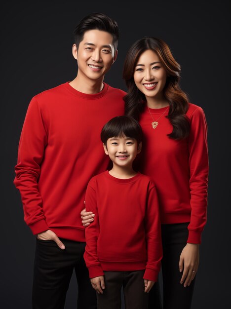 arafed asian family posing for a portrait in red sweaters generative ai