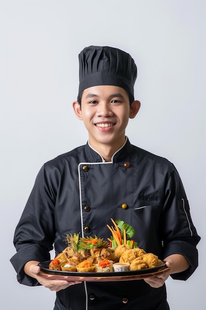arafed asian man in chefs uniform holding a plate of food generative ai