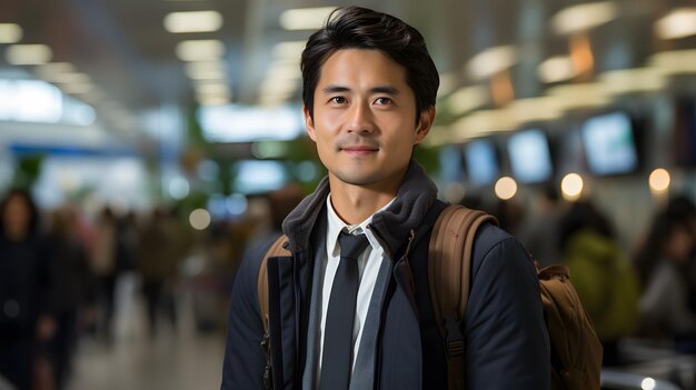 空港で立っているスーツとネクタイを着たアラフェッドのアジア人男性ジェネレーティブAI