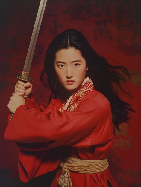 Арафидная азиатская женщина в красном, держащая меч перед красным фоном.