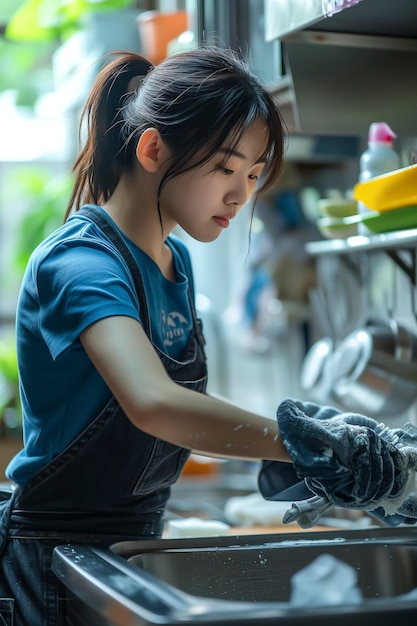 Arafed asian woman washing dishes in a kitchen sink Clean