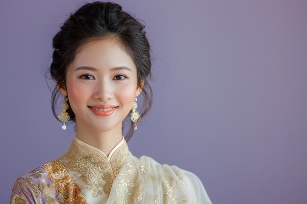 Арафитская азиатка в бело-золотом платье улыбается.