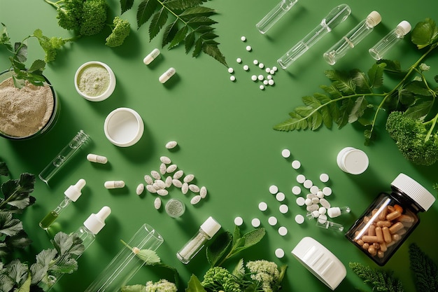 arafed assortment of green vegetables and pills on a green surface generative ai