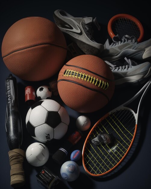 Photo arafed assortment of sports equipment including tennis generative ai