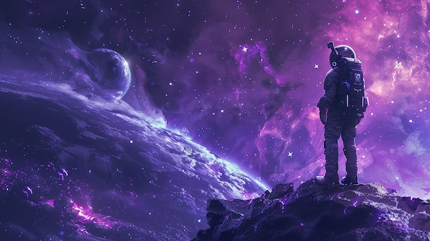 아라페드 우주비행사가 바위 위에 서서 멀리 있는 은하계를 바라보고 있다.
