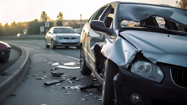 Arafed auto aan de kant van de weg met een gebroken voorruit generatieve ai