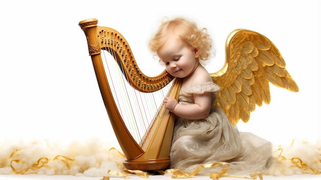 Photo arafed baby girl playing a harp with angel wings generative ai