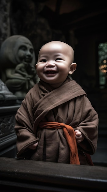 Arafed baby in a monk robe smiling at the camera generative ai