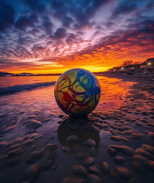 Arafed ball on the beach with a sunset in the background generative ai