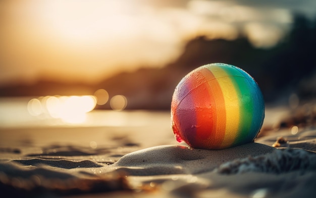 Arafed ball on the sand with a rainbow colored ball in the background generative ai