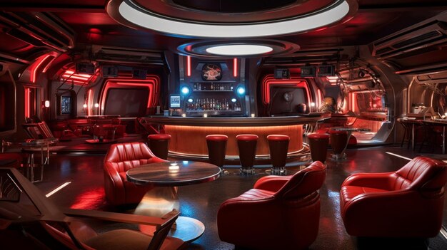 Arafed bar with red lights and red chairs in a dimly lit room generative ai