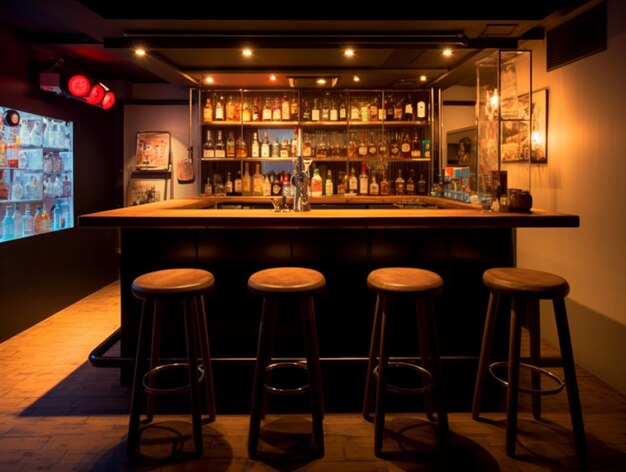 Foto un bar arredato con sgabelli e un televisore in una stanza poco illuminata che genera ai