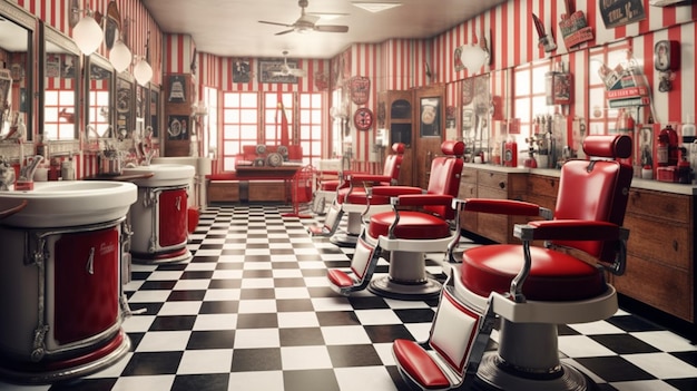 arafed barber shop with red and white chairs and a checkered floor generative ai