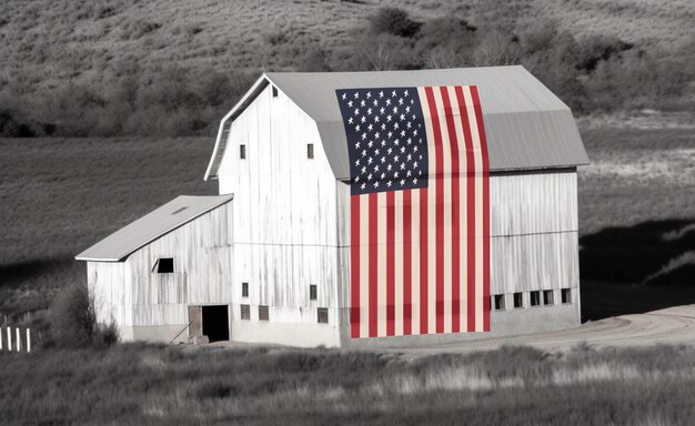 Photo arafed barn with a flag on the roof in a field generative ai