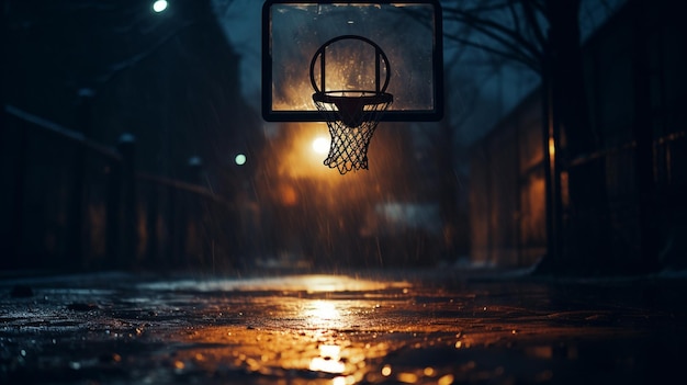 Arafed basketbalring in de regen met een basketbalring in de middelste generatieve ai