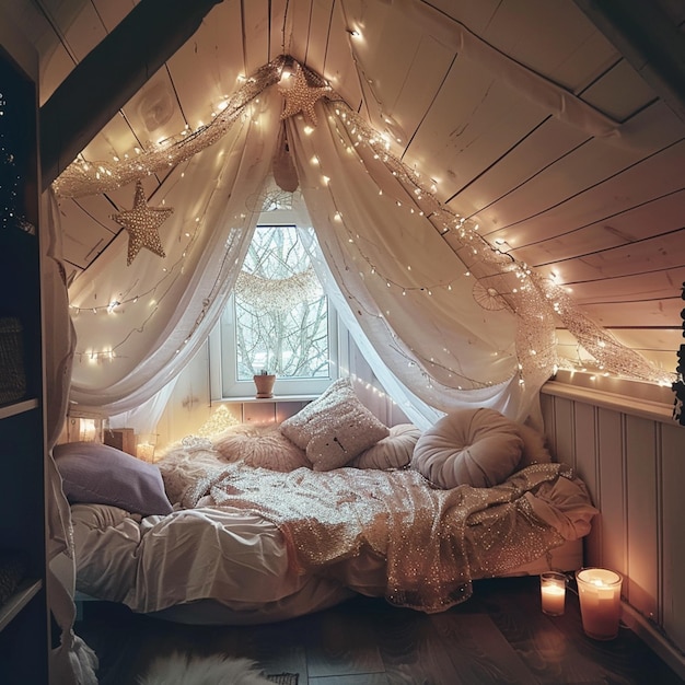 arafed bed met een luifel en lichten in een kamer generatieve ai