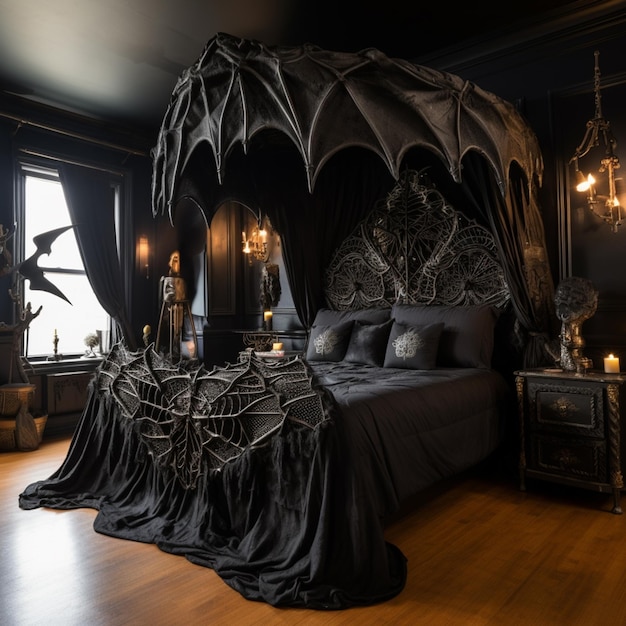 arafed bed with a canopy and a black bed cover generative ai