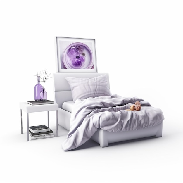 Arafed bed with a purple painting and a white nightstand with a purple vase generative ai