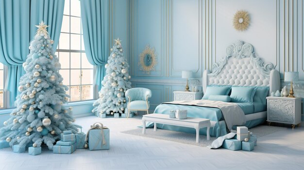 arafed bedroom with a christmas tree and presents in the corner generative ai