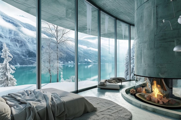 Arafed bedroom with a fireplace and a view of a lake generative ai