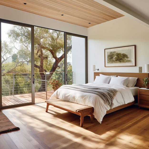 大きなベッドと木々を見下ろすバルコニーを持つアラフェッドの寝室
